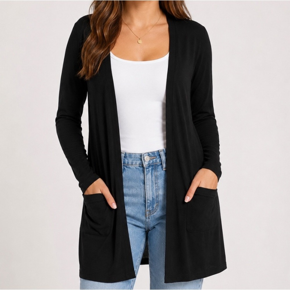 Old Navy Longline Cardigan Sweater L Open Front Black Lightweight Casual Classic